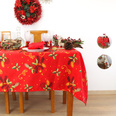 Toalha de mesa de Natal vermelha com padrão de ramos de pinheiro, pinhas e laços dourados