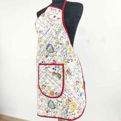 Avental de cozinha branco acolchoado com flores coloridas e bolso