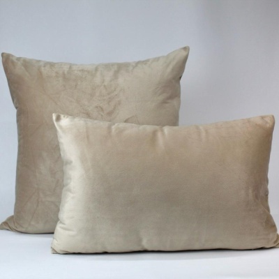 Duas almofadas bejes de veludo, uma quadrada e outra retangular, fundo claro