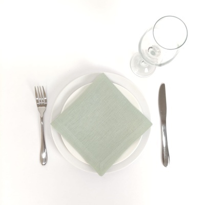 Conjunto de mesa com prato branco, guardanapo verde claro, talheres metálicos e copo transparente