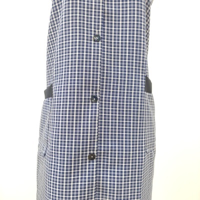 Vestido xadrez azul e branco com botões pretos e cintos laterais