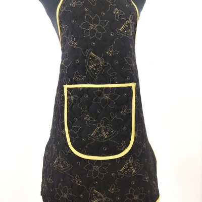 Avental preto com estampado dourado de sinos e flores e bolso amarelo