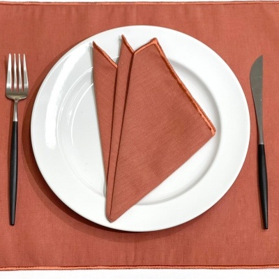 Conjunto de mesa com tabuleiro, prato branco, dois guardanapos terracota, garfo e faca com cabos pretos