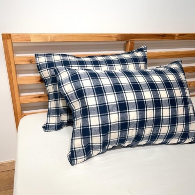 Duas almofadas com fronhas xadrez azul e branco numa cama com cabeceira de madeira clara