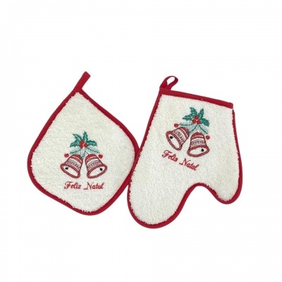 Luvas de cozinha natalícias brancas com bordas vermelhas e bordado de sinos e texto 'Feliz Natal'.