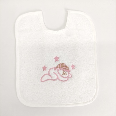 Babete branco com bordado de bebé e estrelas cor de rosa