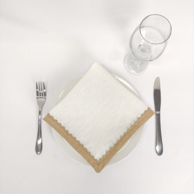 Conjunto de talheres, prato com guardanapo e copo de vidro sobre superfície branca