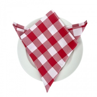 Guardanapo xadrez vermelho e branco sobre prato branco