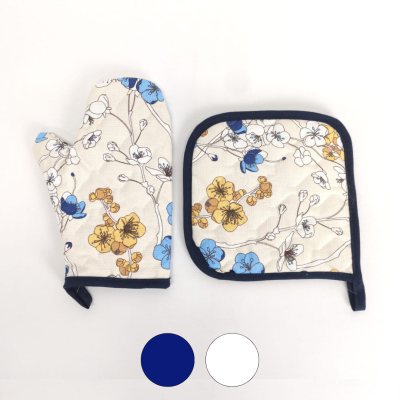 Conjunto de luva e pega de cozinha com padrão floral azul e amarelo