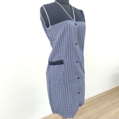 Vestido xadrez azul e branco sem mangas com detalhes pretos e botões frontais