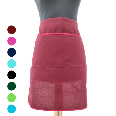 Avental vinho com detalhe em rosa e parte inferior transparente num manequim preto.