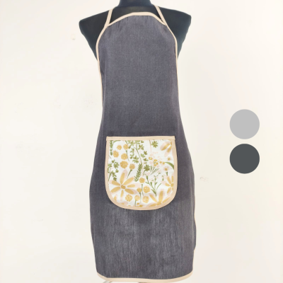 Avental cinza escuro com bolso estampado flores amarelas e verdes