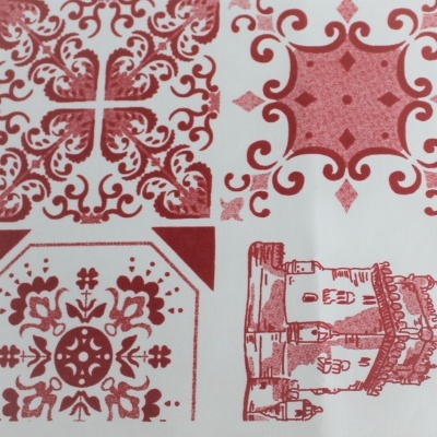 Padrão vermelho com motivos geométricos, florais e castelo em fundo branco