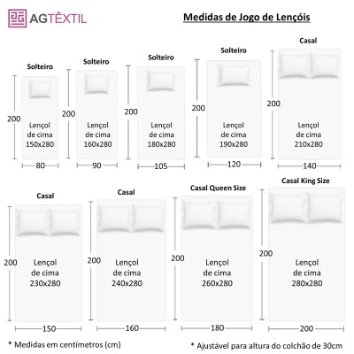 esquema de medidas de jogos de lençóis AGTÊXTIL para vários tamanhos de cama