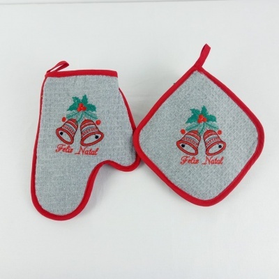 Manopla e pega para panela com tema de Natal, cinzento e vermelho