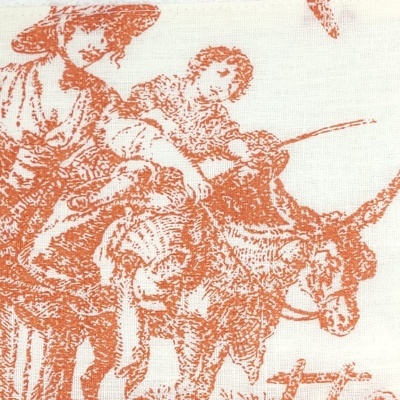 Tecido decorativo com impressão laranja de figuras humanas e touro