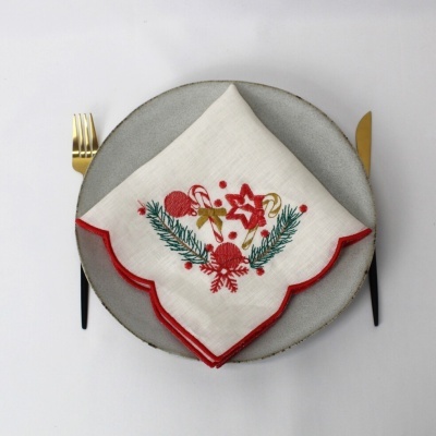 Guardanapo de tecido branco com bordado natalício colorido sobre prato cinzento e talheres dourados.