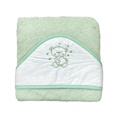Toalha de bebé verde clara com capuz bordado com ursinho