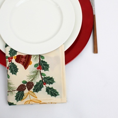 Conjunto de pratos e guardanapo de Natal com padrão de folhas e bagas
