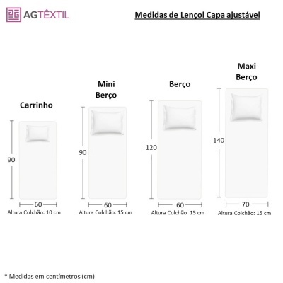 Tabela com medidas de lençóis ajustáveis para camas de bebé