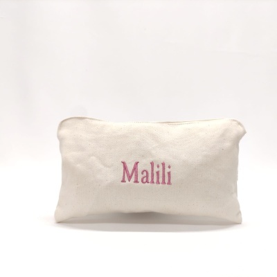Bolsa estojo de tecido cru com bordado rosa 'Malili'