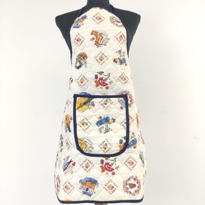 Avental branco acolchoado com padrão colorido e bolso frontal azul escuro