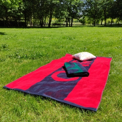 Toalhas coloridas e almofada sobre relva num espaço exterior com árvores