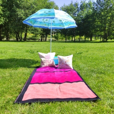 Conjunto de praia com toalha rosa, duas almofadas, guarda-sol azul em relva verde