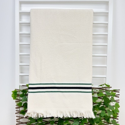 Toalha branca com franjas e faixas azuis pendurada numa estrutura branca com folhas verdes.