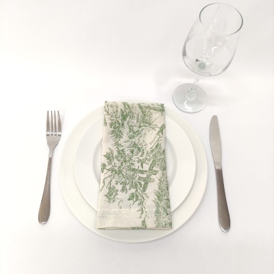 Conjunto de jantar com prato, talheres, guardanapo verde e branco e taça de vidro