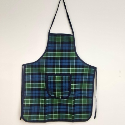Avental de cozinha xadrez azul e verde com bolso frontal