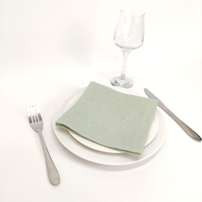 Conjunto de mesa com prato branco, guardanapo verde claro, talheres prateados e taça de vidro