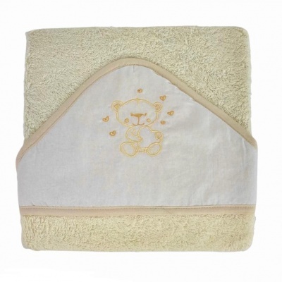 Toalha de banho para bebé amarelo claro com capuz branco e bordado de ursinho