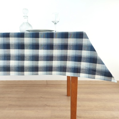 Toalha de mesa xadrez azul sobre mesa de madeira com decantador, copo e prato