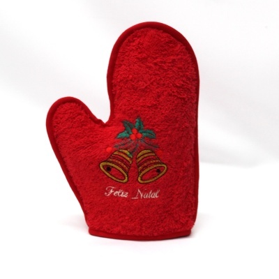 Luvas de cozinha vermelhas natalícias com sinos bordados e texto Feliz Natal