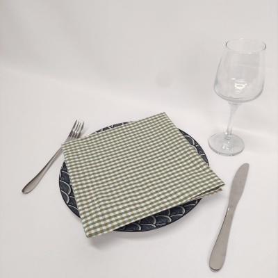 Conjunto de pratos, guardanapo xadrez, talheres e copo de vidro