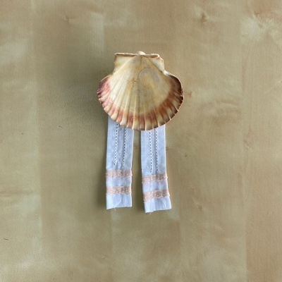 Concha marinha natural com fitas brancas e cor-de-rosa sobre superfície castanha clara