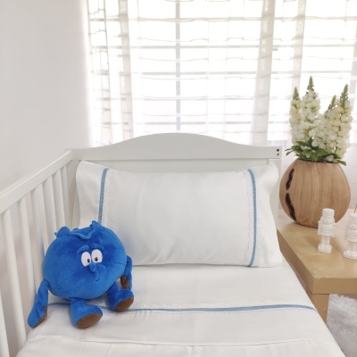 Berço com almofada e peluche azul ao lado de mesa com vaso e flores