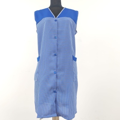 Vestido azul xadrez com botões frontais e bolsos laterais em manequim