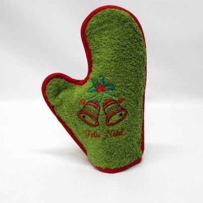 Luvas de forno verdes com bordado de sinos e texto 'Feliz Natal' e bordas vermelhas