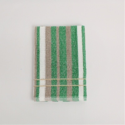 Pano de prato riscado verde, bege e branco dobrado com elásticos