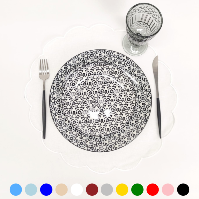 Conjunto de mesa com prato azul e branco, talheres com cabos pretos e copo de vidro sobre suporte branco