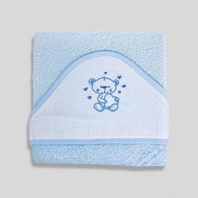Toalha de banho azul clara para bebé com capuz branco bordado com urso azul