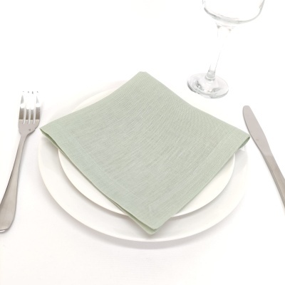 Conjunto de prato branco com guardanapo verde, talheres e copo.