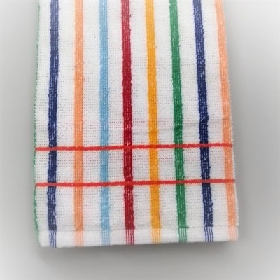 Pano de cozinha branco com riscas coloridas verticais e horizontais