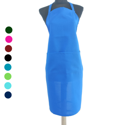 Avental azul liso com duas bolsas em manequim preto e várias opções de cores à esquerda