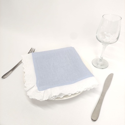 Guardanapo azul claro com borda branca rendada sobre prato branco, garfo, faca e copo de vidro.