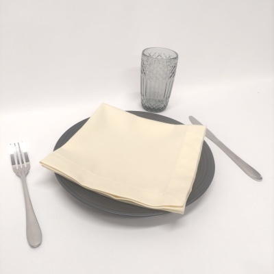 Conjunto para refeição com prato cinzento, guardanapo creme, talheres metálicos e copo de vidro facetado