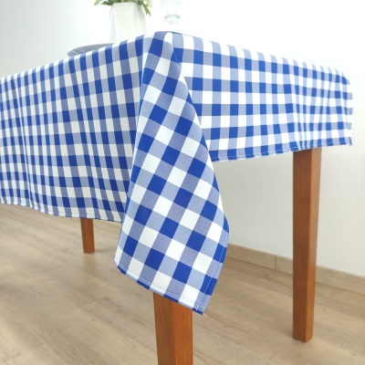 Toalha de mesa xadrez azul e branco sobre mesa de madeira