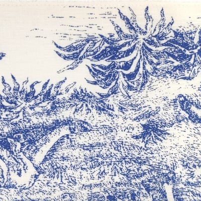 Pano de tecido branco com padrão azul de paisagem natural